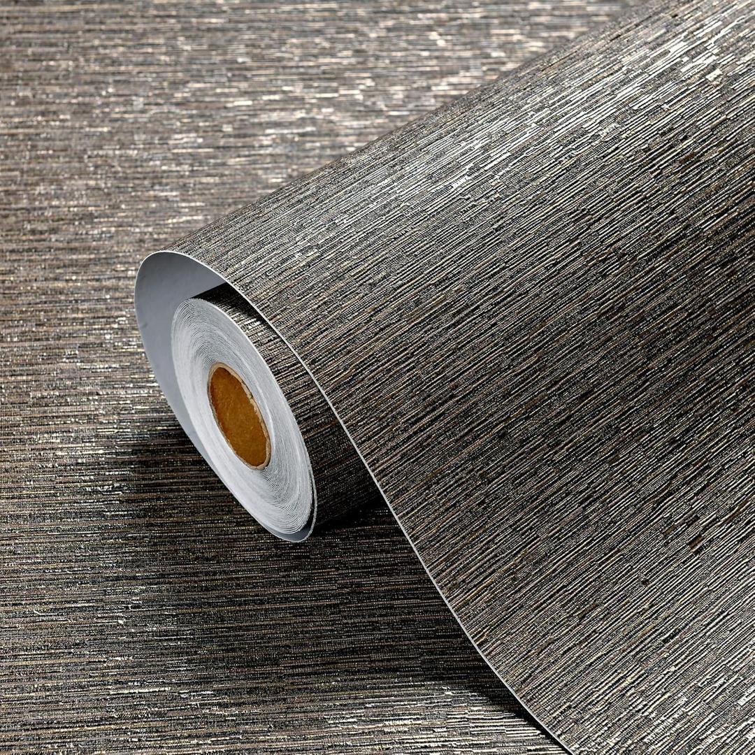 Haimin Grasscloth Wallpaper Peel and Stick 20.9in X 393in Fabric Contact Paper Wall Paper Textured Wallpaper Horizontal Stripes Look Self-Adhesive Thick Vinyl Embossed (Dark Brown)