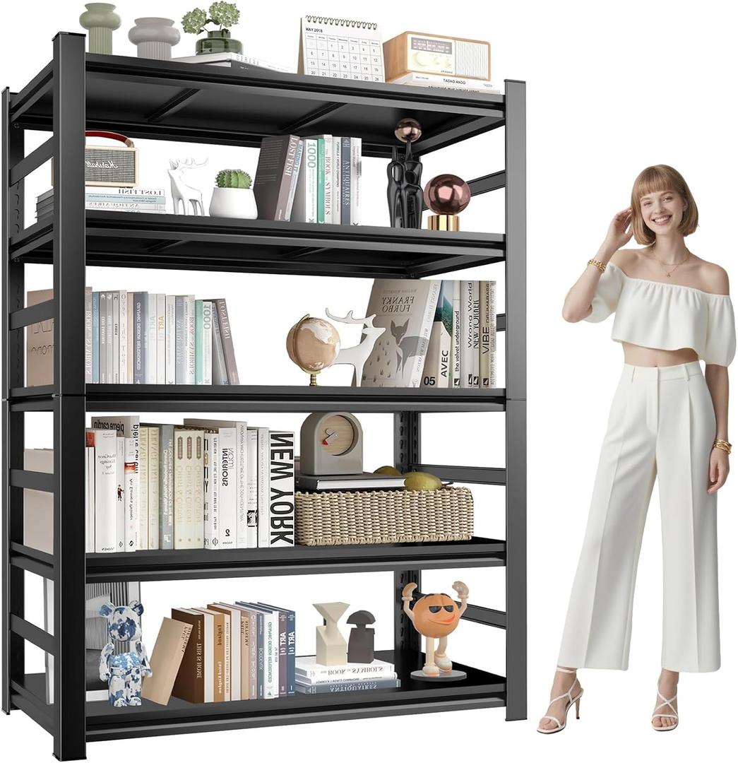 Book Shelf, Metal Bookshelves, Heavy Duty Steel Bookcases, Large Storage Capacity Adjustable Tall Industrial Bookshelf for Living Room, Bedroom and Library, Black (5-Tier With Fence 72''Hx36''Wx16''D)