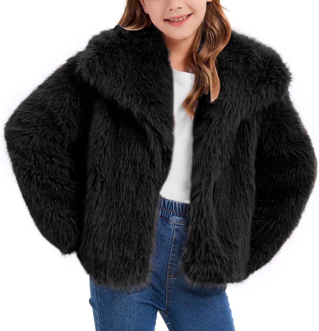 Girls Faux Fur Coat Fluffy Furry Fleece Jacket Kids Warm Winter Shaggy Outwear with Pockets 14 Years  (Black, XL)