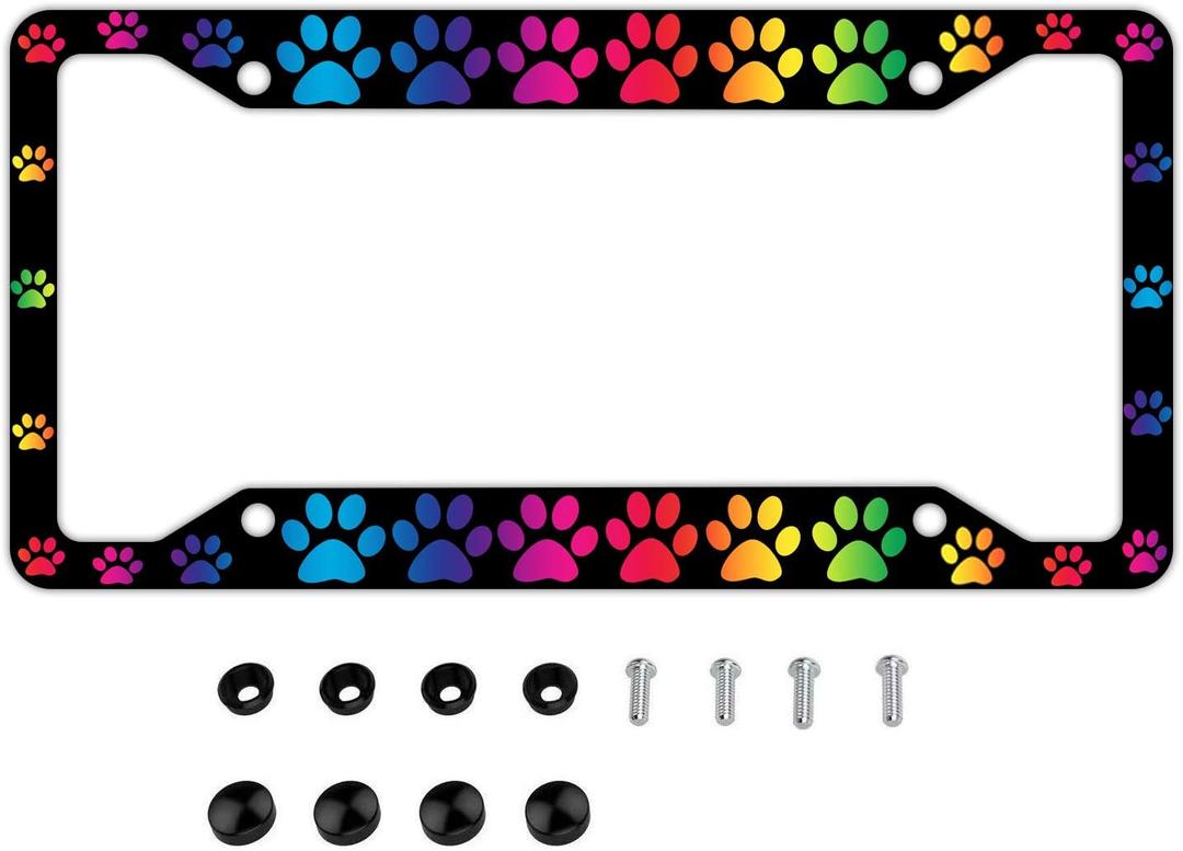 Colors of The Rainbow Dog Paw License Plate Frame 4 Holes Pet Paws Printed Car Plates Frames Colorful Auto Decorative Tag with Screws Personalized Customization (Dog Paw) (6" x 12" (Pack of 1))