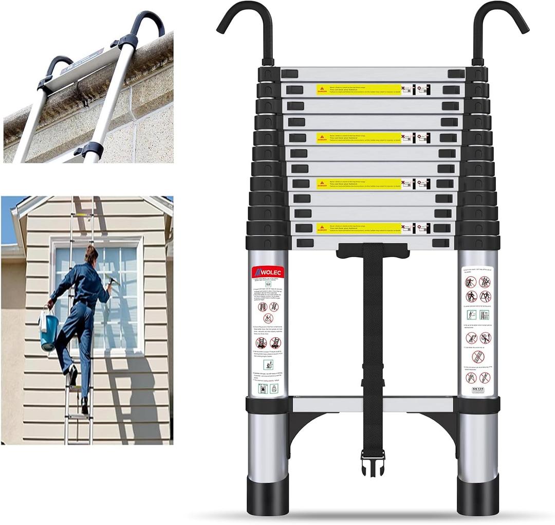 14.5 ft Aluminum Telescoping Ladder, 330 lb Load, Hooks, Portable Collapsible Ladder for Home & Work,Silver