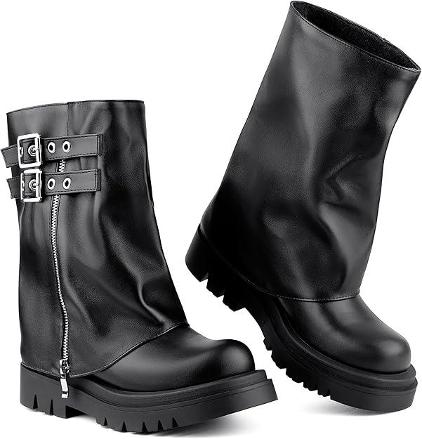 AlureAbys Women's Mid Calf Boots Fold Over Buckle Moto Biker Boots for Women Platform Chunky Low Heel Round Toe Boots Wide Calf Cowboy Riding Motorcycle Boot, Size 37, Right
