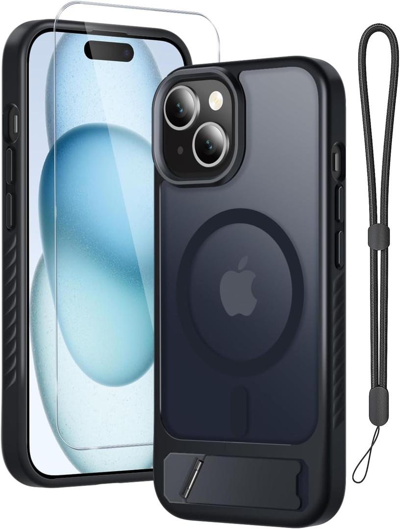 RMOCR for iPhone 15 Case & iPhone 14 Case with Screen Protector+Lanyard Wrist Strap, Magnetic Translucent Matte Rugged Slim Phone Cover Built in Invisible Kickstand [Fit for MagSafe],Black