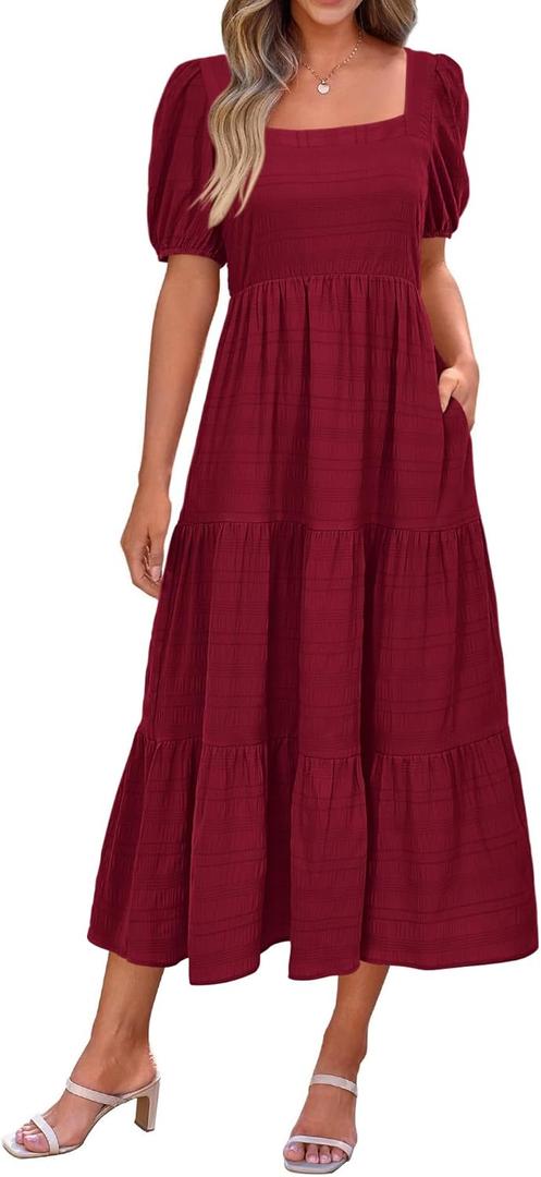 PRETTYGARDEN Women's Summer Dresses 2026 Puff Sleeve Square Neck High Waist Smocked A-Line Flowy Loose Fit Midi Dress (Red) XL