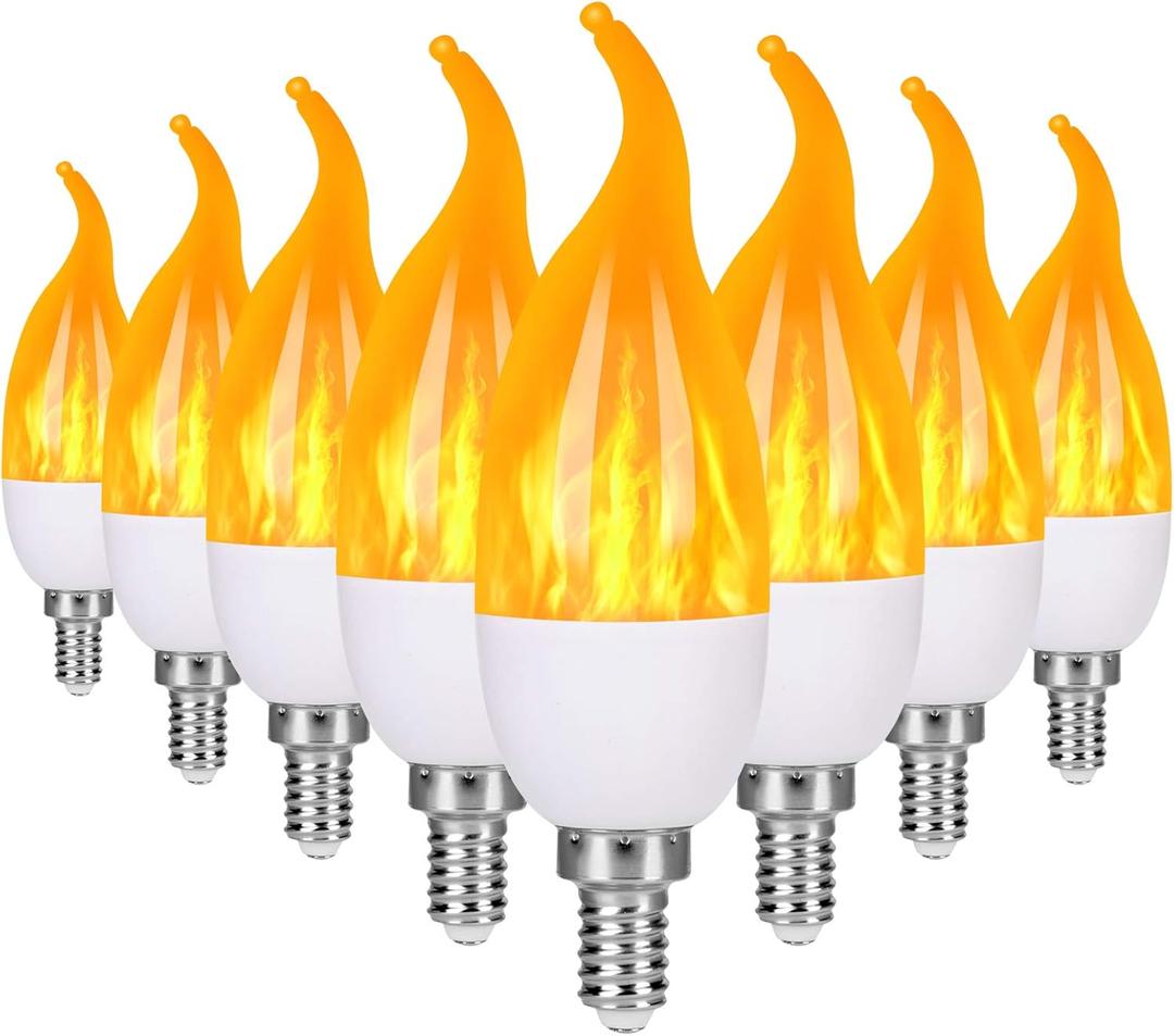 E12 LED Flame Light Bulbs, 3 Modes Flickering Light Bulbs, Candelabra Candle Fire Light Bulb for Home Party Patio Indoor Outdoor Halloween Decorations (8 Pack) (Yellow)