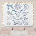 AQYIP Coquette Blue Bow Seashell Ocean Beach Tapestry Wall Hanging, Preppy Beach Tapestry Decorative, Blue Coastal Wall Blanket Decor for Girls Room Dorm Apartment Bedroom, 50x60 Inch