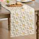 Artoid Mode Beige Soft Plush Faux Fur Jacquard Embroidery Sunflower Spring Table Runner, Kitchen Dining Table Decoration for Home Party Decor 13x72 Inch