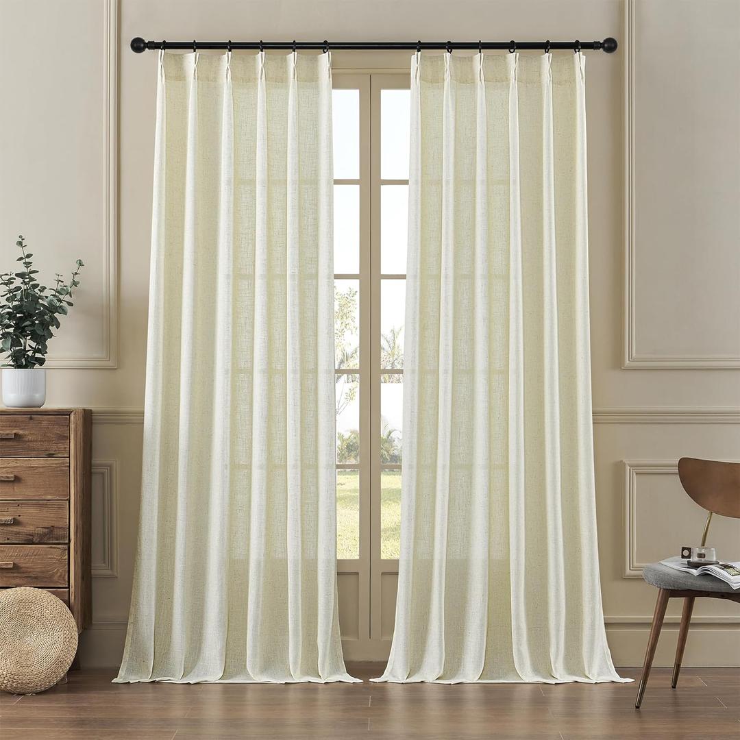 MASWOND Pinch Pleated Linen Sheer Curtains 84 Inch Length 2 Panels for Living Room Bedroom Semi Sheer Window Curtain Boho Neutral Back Tab Pinch Pleat Drape Easy Hanging Via Hooks Linen W38xL84