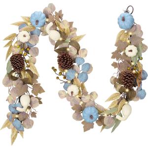 DecorbyHannah Fall Garland with Lights, 6 ft Artificial Autumn Harvest Garland for Mantle, Blue Fall Thanksgiving Decor with Pumpkin Pinecone Eucalyptus for Front Door Table Wall Indoor Outdoor Use