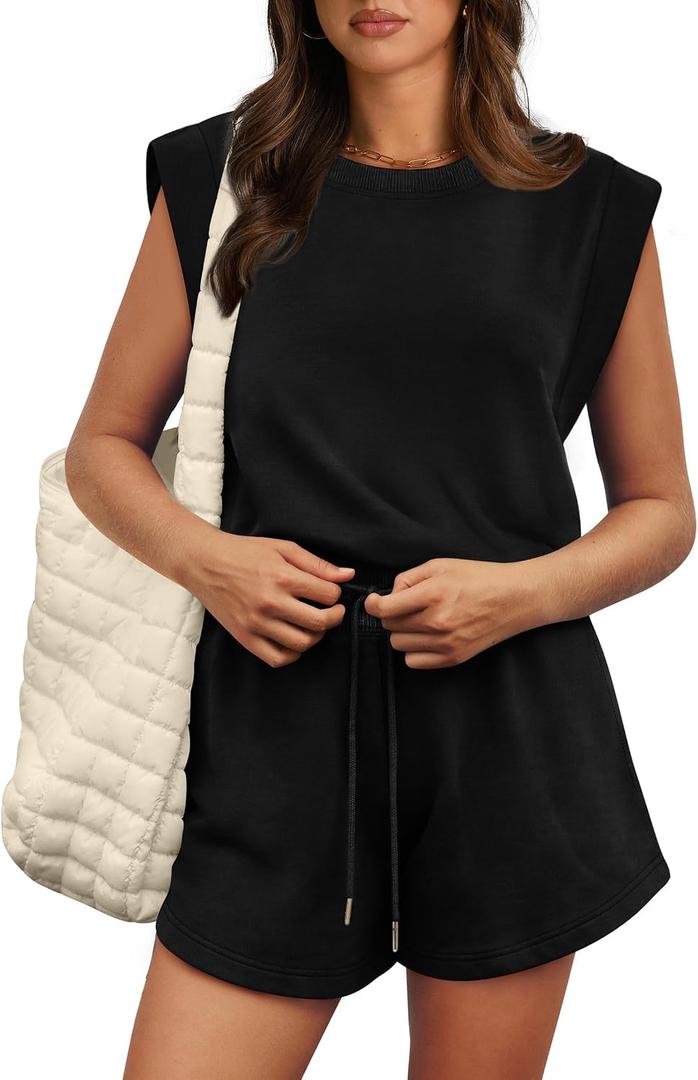 OFEEFAN Rompers for Women Summer Cap Sleeve Adjustable Drawstring Waistband Crewneck Casual Outfits with Pockets (Black, XL)