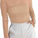 REORIA Womens Trendy Sexy Mock Turtle Neck Long Sleeve Sheer Mesh Ruched Going Out Bodysuits Tops (Small, Nude)