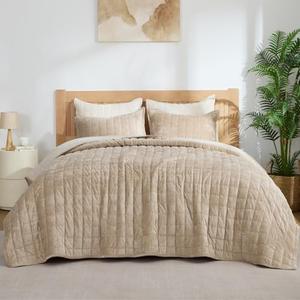 BEDELITE Velvet Quilt Set Queen Size - Luxury Velvet Comforter Bedding Set 2 Pieces, Lightweight Soft Cozy Taupe Oversized Bedspread Coverlet for All Seasons with 1 Pillow Shams