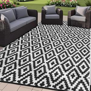 SAND MINE Waterproof Outdoor Rug 8x10 ft, Plastic Reversible Rug, Modern Area Rug, Large Floor Mat for Outdoors, RV, Patio, Backyard, Deck, Picnic, Beach, Camping (8' x 10', Black & White Lattice)