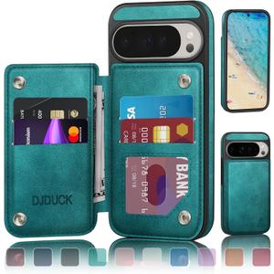 DJDUCK Designed for Google Pixel 10 Pro XL Case Wallet with Card Holder, [Magnetic Clasp Cover] [RFID Blocking Leather Protection] Shockproof Women Men Cases for Pixel 10 Pro XL Blue Green