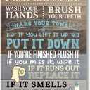 Hanging Bathroom Rules Decor Sign, Hanging Bathroom Wood Sign Decor