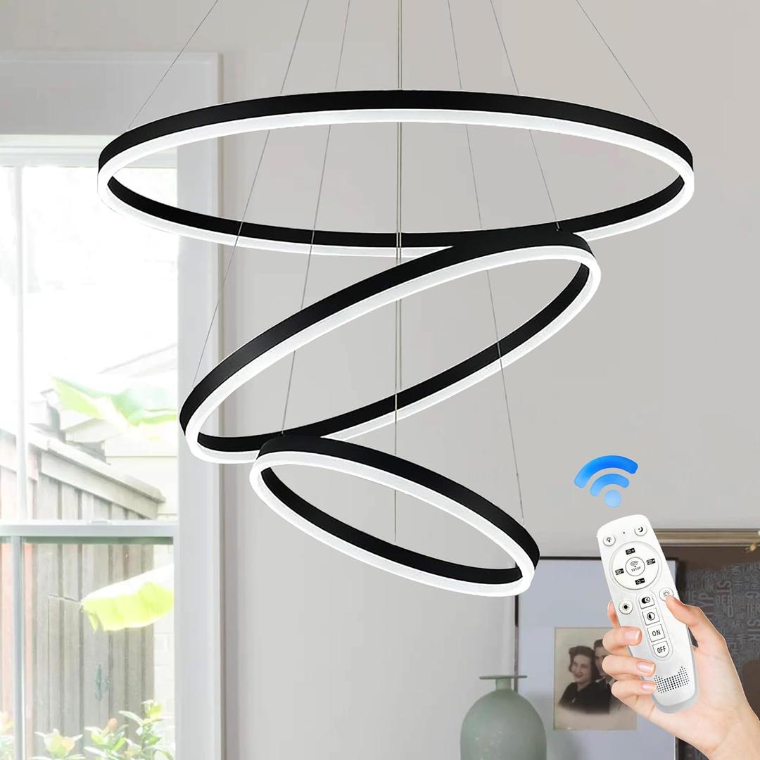 Modern LED Chandelier, 31.5'' Ring Chandelier, 3 Ring Black Round Chandelier Dimmable for Living Room Foyer