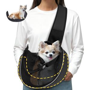 Dog Sling for Small Dogs & Cats Up to 10 lbs with Detachable Hard Bottom Breathable Mesh, Adjustable Strap & Large Pocket - Hands-Free Pet Carrier for Travel Walking Hiking (Black Size S)