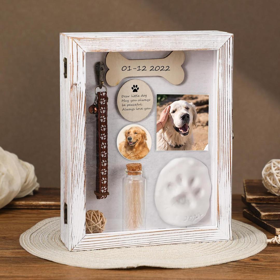 Colingmill Pet Memorial Shadow Box for Dog Cat with Wood Picture Frame Pet Print Kit Urn Ashes Fur Jar Case for Memorial Gifts for Loss of Cat Dog Passing Away Gift Memory(Retro Colors,6.8 x 8.8 Inch)