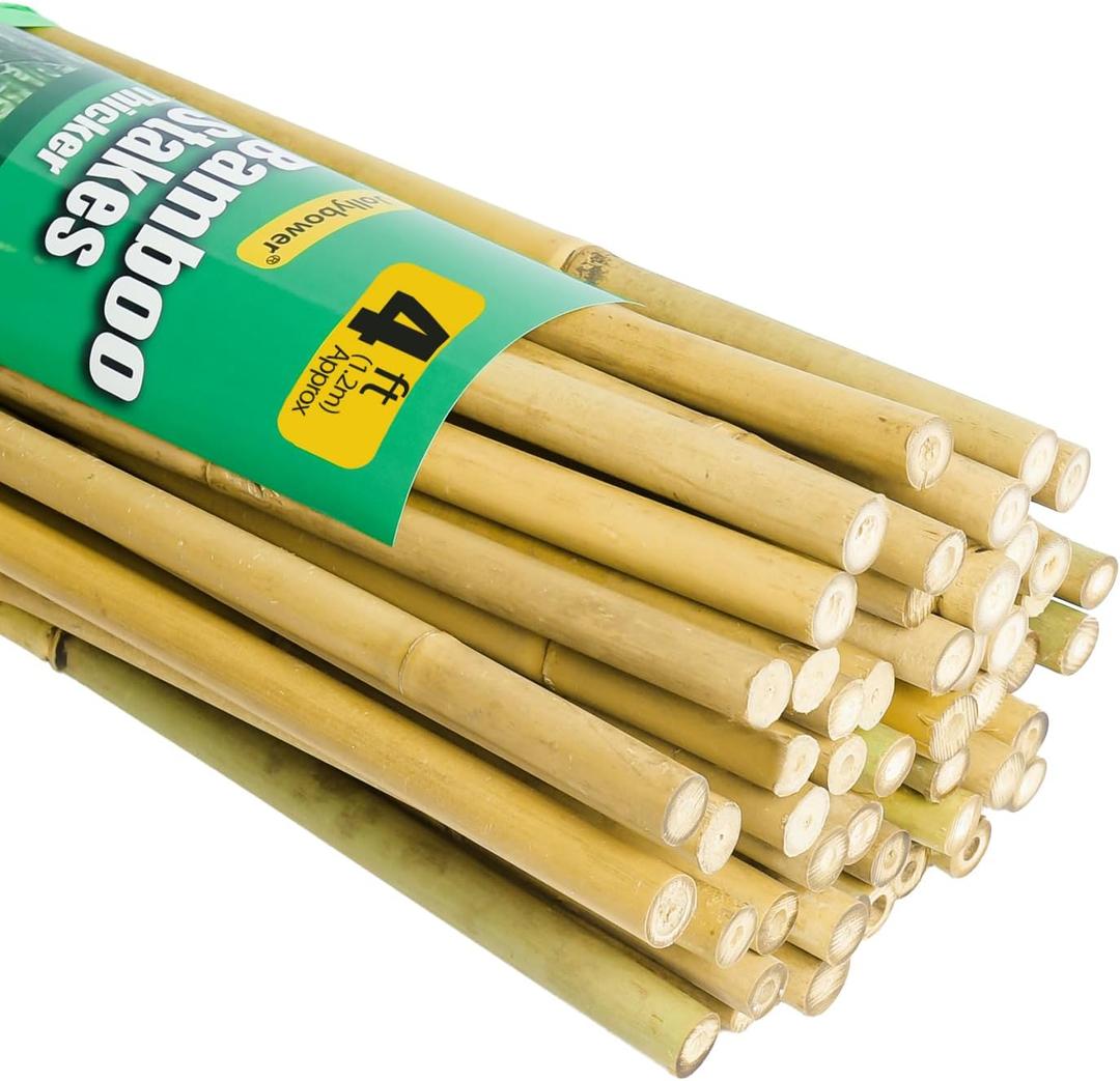 Jollybower 1/2" D 4 Feet Bamboo Stakes 50 Pack, Thicker Heavy-Duty Plant Stakes, Natural Garden Stakes for Bean, Tomato, Bean, Flowers,Trees Potted and Climbing Plant Support