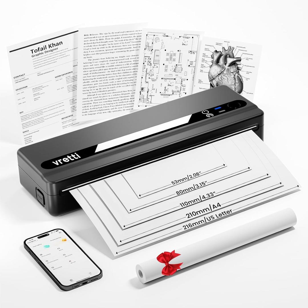 vretti Portable Printer Wireless for Travel, PB821 Inkless Printer, A4 Mobile Thermal Printers Compatible with Phone & Laptop, Supports 8.5 x 11 US Letter Etc for Car School Office Home Use - Black