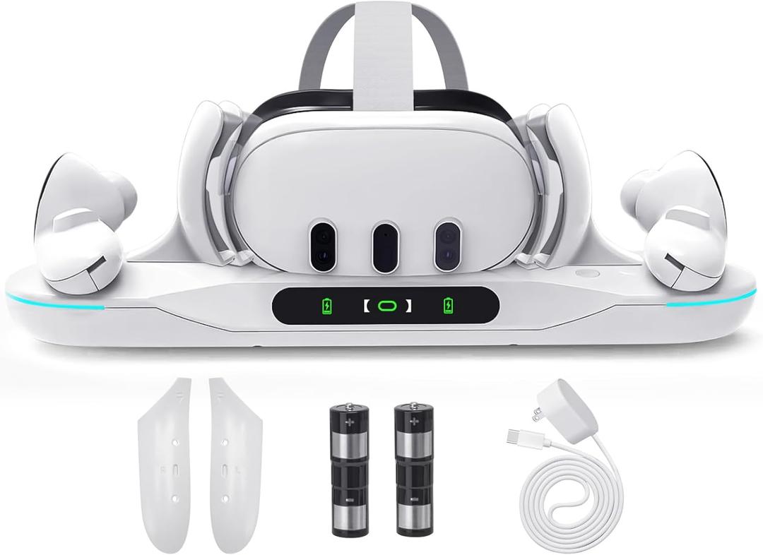 Lampelc Charging Dock for Meta Quest 3, Auto-Clamping Fast Charging Station VR Charger Stand for Headset Controllers Accessories, with 2 Rechargeable Batteries, LED Display