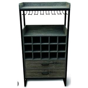 Addison Bar Cart, Black Metal And Grey Washed Wood Finish, 7 Under Cabinet Stemware Racks Grind Wine Rack to Store Up To 15 Bottles, 2 Gliding Drawers