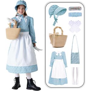 8 Pcs Pioneer Costume for Girls Floral Colonial Prairie Dress for Kids (12-14 Years, Blue)