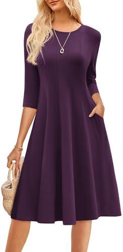 GRACE KARIN Fall Dresses for Women 2025 Casual 3/4 Sleeve Dress A Line Fit and Flare Midi Dress with Pockets, Size Large