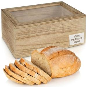 Wooden Bread Box for Kitchen Counter with Acrylic Window – Large Bread Storage Container for Sourdough, Bagels & Pastries – Paulownia Wood Bread Bin, Farmhouse Bread Holder Organizer