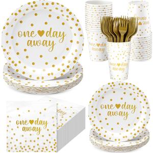 120 Pcs One Day Away Rehearsal Dinner Tableware Set Wedding Rehearsal Dinner Party Supplies Beverage Table Decorations White and Gold Dot Paper Plates, Cups, Napkins, Forks for 24 Guests