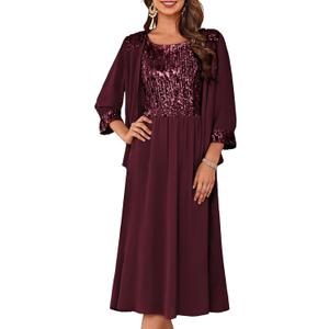 GRACE KARIN Wedding Guest Dress Mother of The Bride Dresses Two Piece Formal Sequin Dress with Jacket Tea Length 2025 (X-Large, Dark Red)