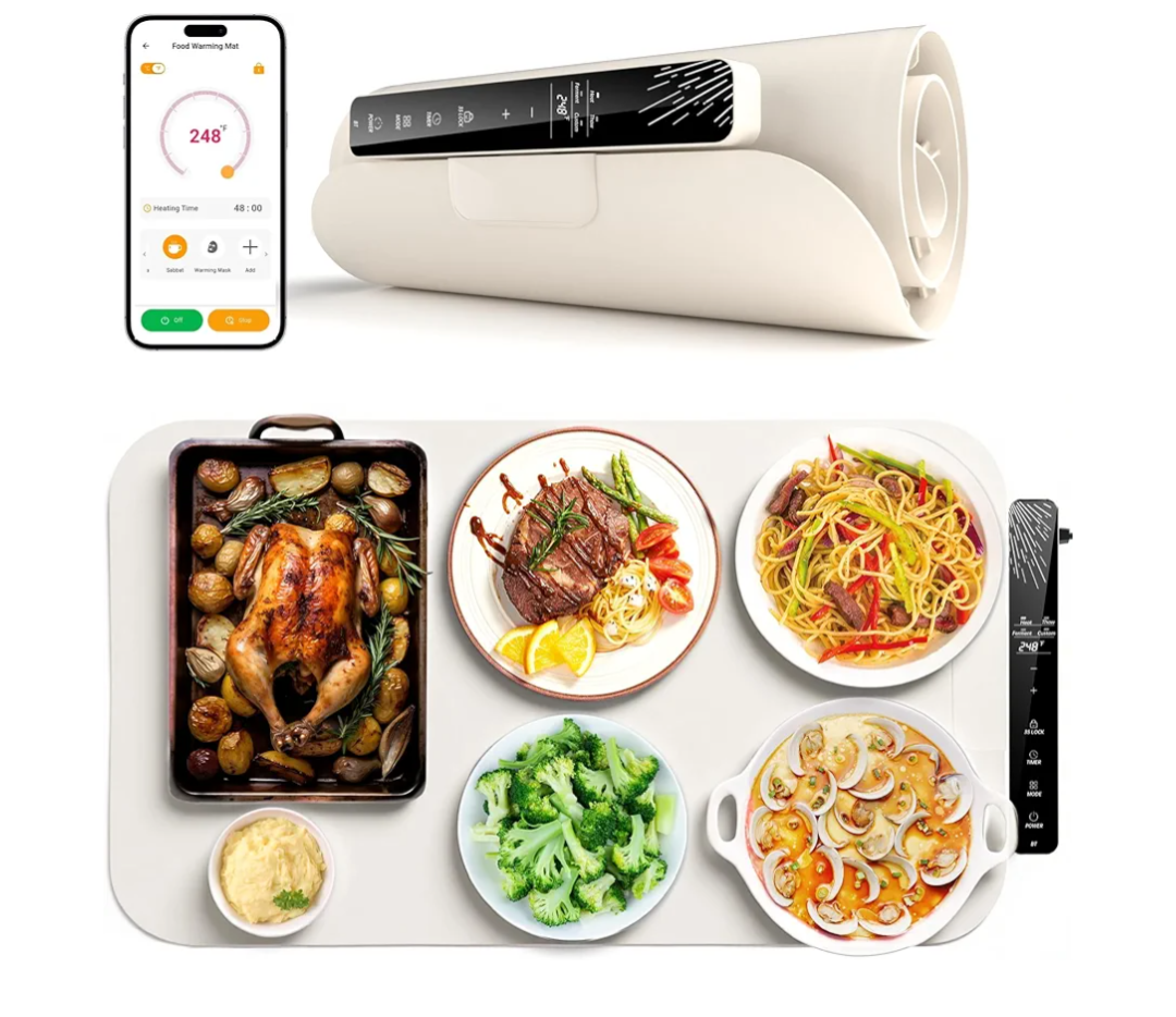Monteka Warming Mat for Food 24.8"×15", Electric Warming Trays with APP & Button Control, Silicone Fast Heating Mat for Countertop, Rollable Dishwasher Safe Food Warmer for Parties Buffets Home Travel