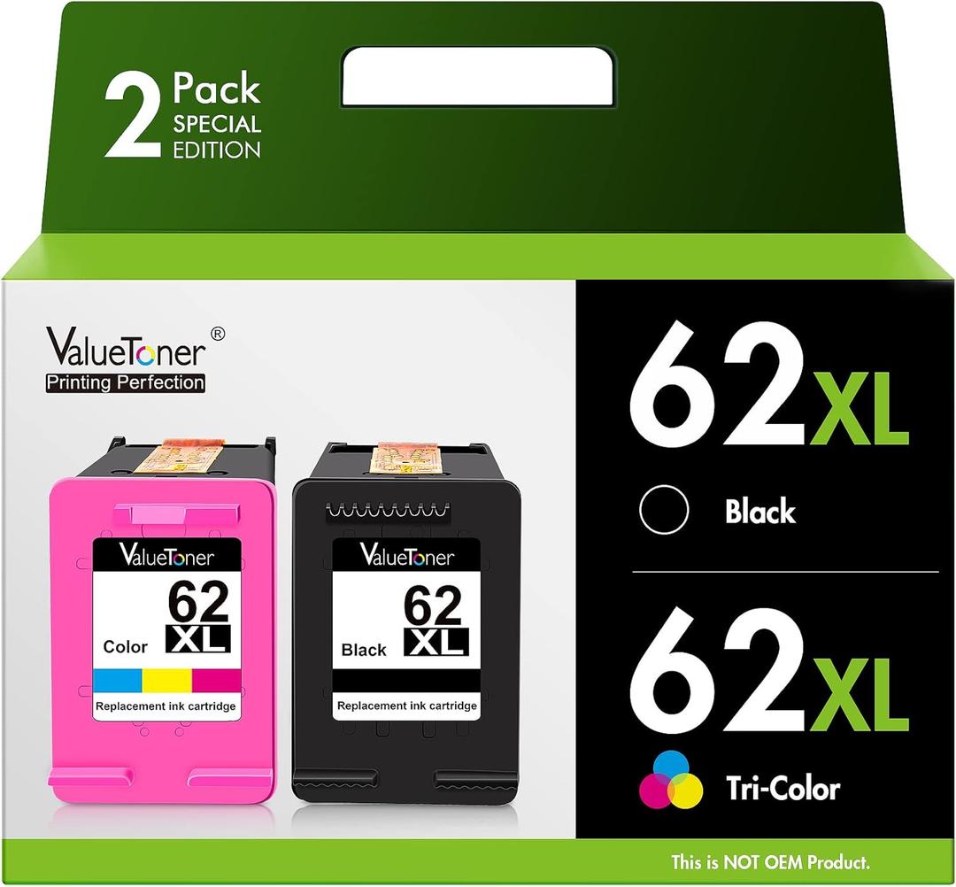 62XL Ink Cartridges Remanufactured for HP Ink 62 for HP 62XL Ink Cartridge Combo Pack Works with HP Envy 7640 7645 5660 5540 5640 7644 OfficeJet 5740 5741 8040 OfficeJet 200 250 258 Series (2-Pack)