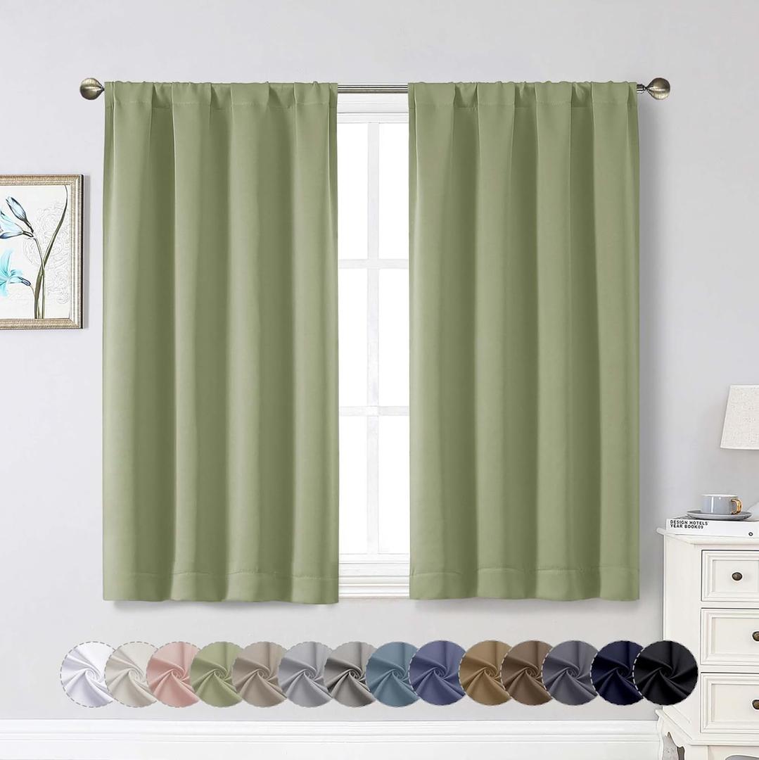 Sage Green Room Darkening Curtains for Bedroom Living Room 45 Inch Length 2 Panels Set, Soft Solid Thermal Insulated Rod Pocket Short Curtains Drapes, Sage Green, 2PCS Each 40" Wx45 L