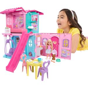 Barbie Chelsea Toy Dollhouse with 15+ Accessories, Pop-Up House Expands to 17+ x 13+ inches with 5 Play Areas & Slide, Includes Small Doll & Pet Dog