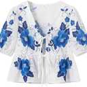 Gihuo Womens Tie Front Floral T-Shirt Cute V Neck Ruffle Hem Short Sleeve Summer Cropped Shirt Top Babydoll Blouse, L