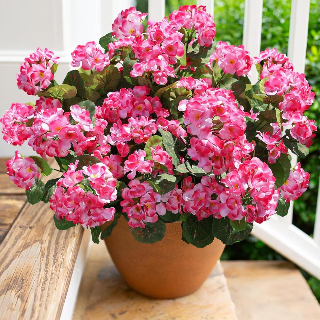 Artificial Geranium Fake Flowers for Outdoors Decoration, 6 Bundles Silk Geraniums Pink Flower UV Resistant Look Real Faux Plants for Front Door Garden Porch Planter Patio Balcony Yard Indoor Home