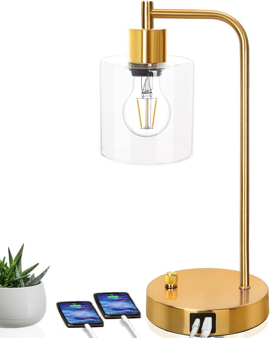 Gold Industrial Table Lamp with 2 USB Ports, Elizabeth Vintage Desk Lamp with Glass Shade, Stepless Dimmable Bedside Reading Lamp for Bedroom Living Room Office, LED Nightstand Lamp with E26 Bulb