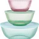 Pyrex Colors Tinted (3-Pack, Full Set) Sculpted Tinted Glass Mixing Bowls With Lids, Nesting Space Saving Set of Bowls For Prepping and Baking, 1.3QT, 2.3QT & 4.5Q, Aqua (Pink, Green, Aqua)