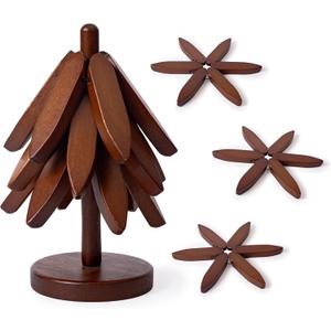 Wooden Trivets for Hot Dishes, Tree Shape Set, Best for Hot Dishes - 3 Wooden Trivets + 1 Stand stored Like a Christmas Tree (Deep Brown Wood)