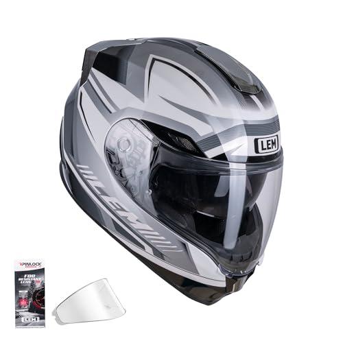 LEM Motorcycle Helmets Full Face, Helmets for Men DOT Certified, PINLOCK & DVS Dual Vision, Motorcycle Street Bike Helmet for Adults Fiberglass Shell Bluetooth Ready for Cruiser(White/Black, Size S)