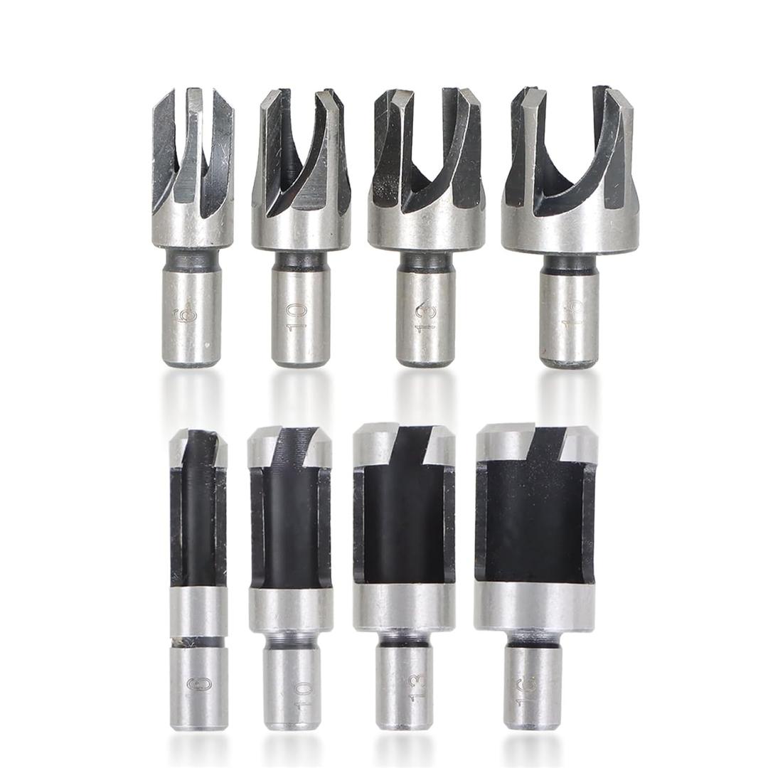 findmall 8Pcs Wood Plug Cutter Drills Bit Set (5/8", 1/2", 3/8", 1/4") Straight and Tapered Taper, Carbon Steel Woodworking Cutting Tool