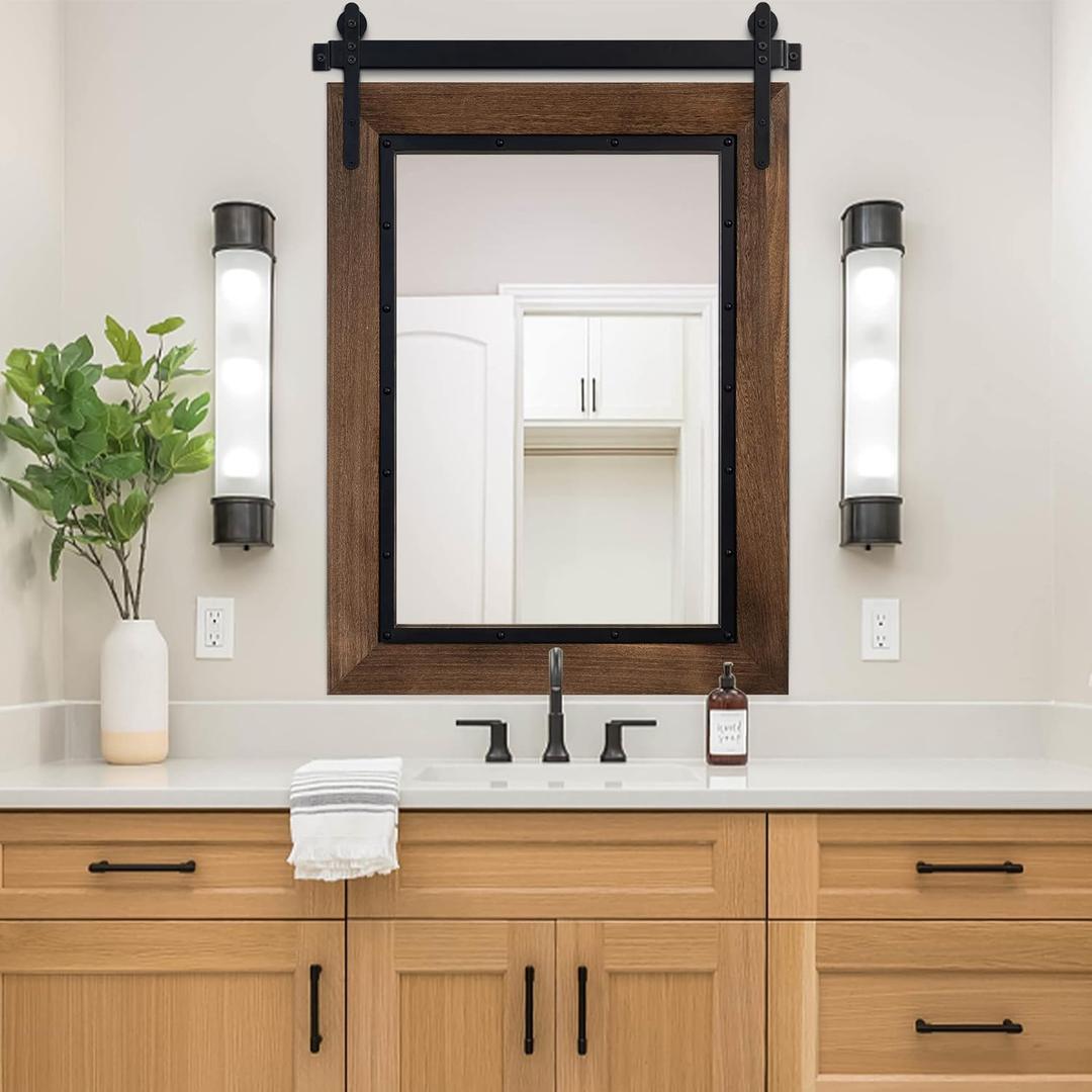 YOSHOOT Farmhouse Barn Door Mirror, 32"x24" Rustic Bathroom Mirror, Wood Frame Wall Mirror, Wooden Mirror for Living Room Bedroom Entryway Wall Dcor, Vertical Hanging ONLY (Brown)