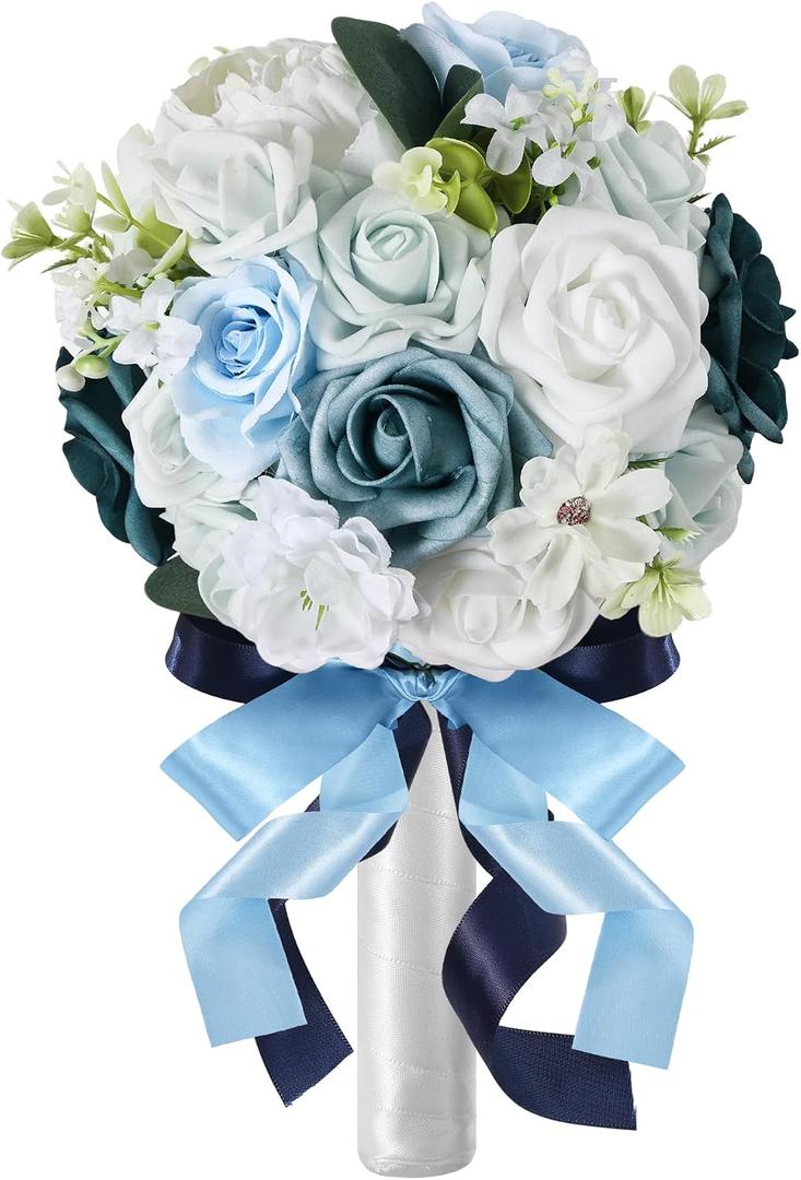 Wedding Bouquet,Fake Wedding Bouquets for Bride Bridesmaid Dusty Blue Flower Bouquet Artificial Flowers Artificial Roses Flowers with Ribbon Bow,White Bouquets Bride Decorations