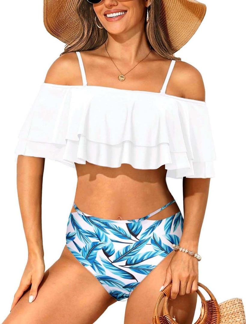 Tempt Me Women Two Piece High Waisted Bikini Set Swimsuit Off Shoulder Ruffle Bathing Suits Tummy Control Ruched Swimwear (XX-Small, 0 White)