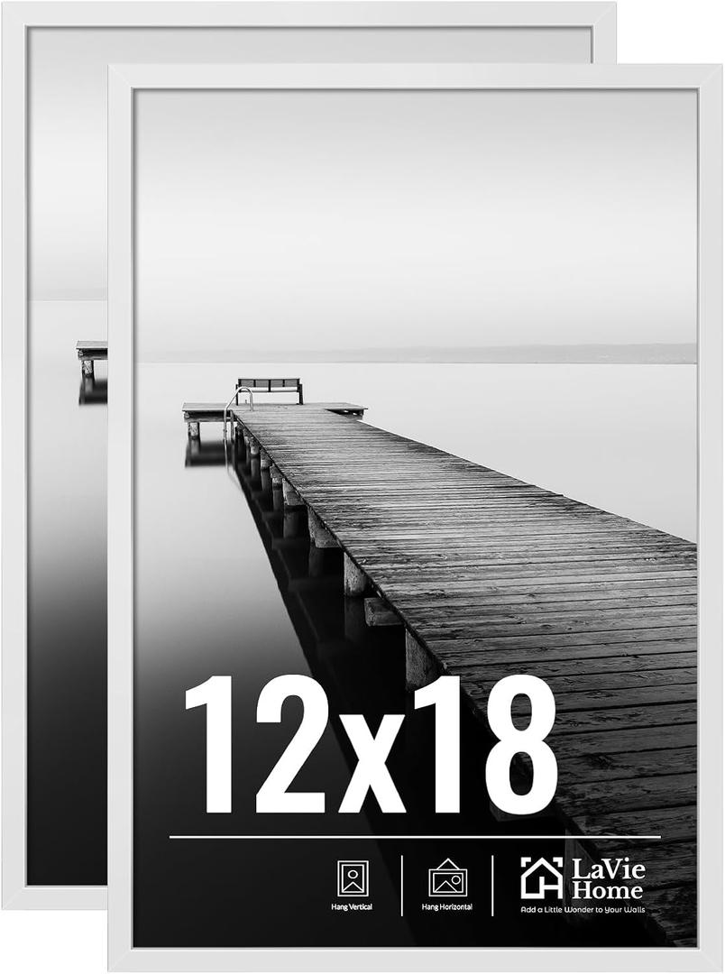 LaVie Home 12x18 Picture Frame for Wall Display, 12x18 White Picture Frame with HD Plexiglas, 12 x 18 Poster Frame 2 Pack, Display Frame for Vertical or Horizontal, Classic Collection