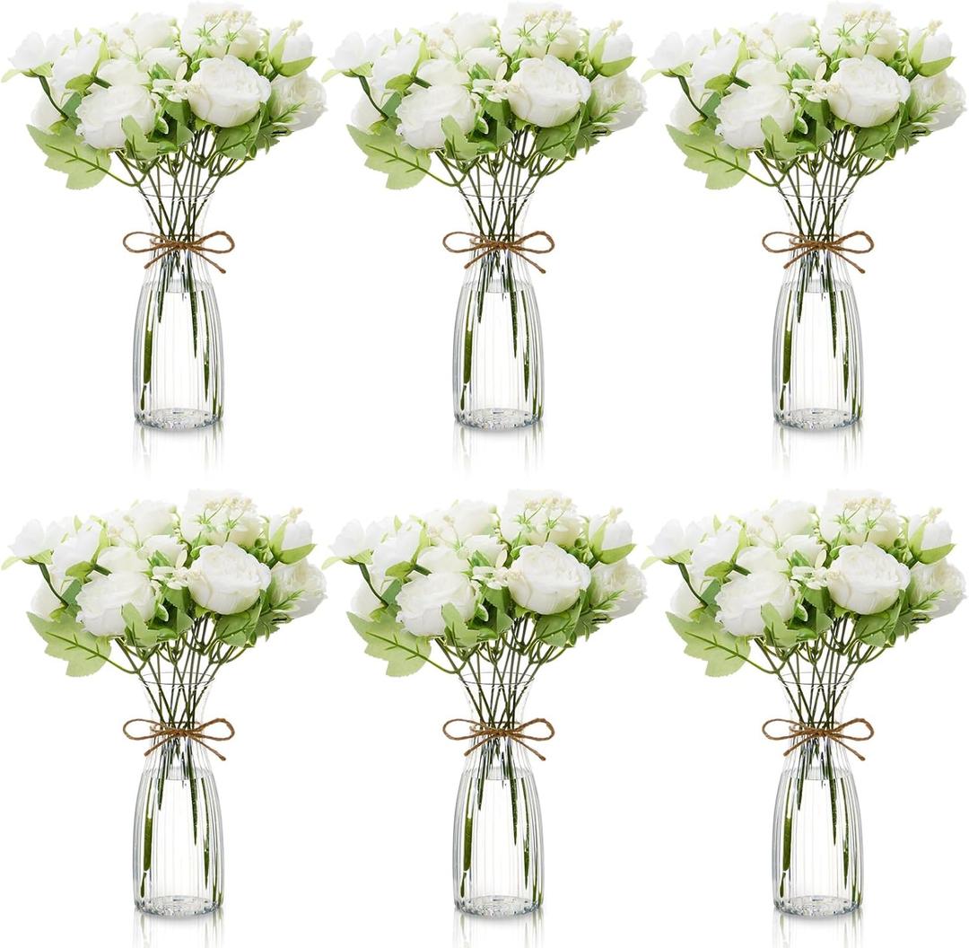 19 Pack Artificial Peony Flowers with Vase Bulk, 12 Bundles Silk Peony Bouquet 6 Plastic Clear Vase with 1 Pcs Rope, Table Centerpiece Arrangement Decoration Wedding Party (White)