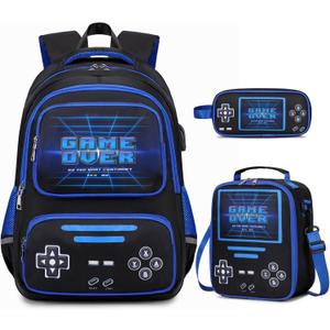 Gamer Backpack for Boys - Cool Luminous School Backpack for Boys with Lunch Bag Pencil Case - Kids Elementary Middle School Book Bags for Teen with USB Charging Port (Black