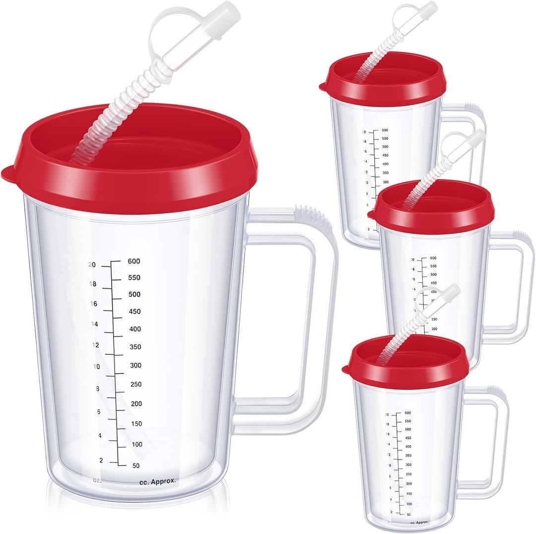 4 Pcs 20 oz Hospital Water Cup with Straw and Lid Insulated Double Walled Water Bottle Hospital Carafe Mug with Handle Graduated Plastic Elderly Drinking Cup with Straw(Red)