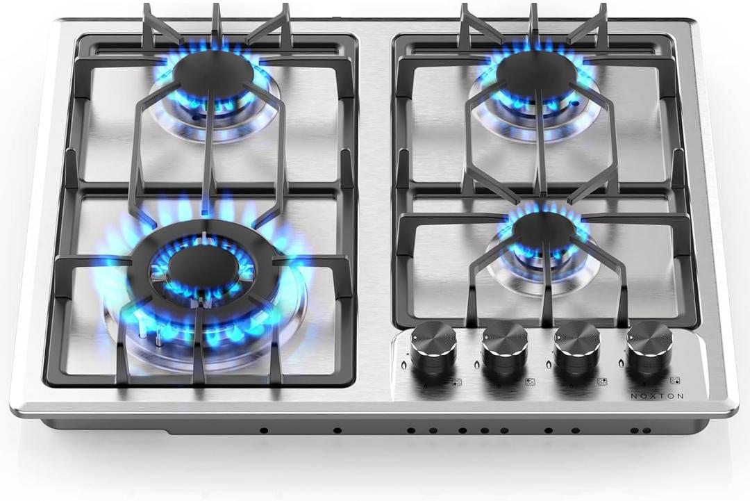 Noxton Gas Cooktop 24 Inch, 4 Burners Gas Stove Top, LPG/NG Dual Fuel Built-in Gas Hob, Flame Out Protection Prevent Gas Leakage, Stainless Steel Propane Cooktop for RVs, Apartments, Outdoor